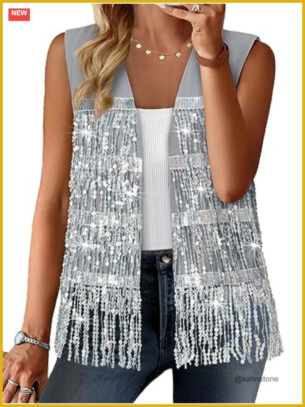 Sequin Fringe Sleeveless Vest Sparkly Jacket Cardigan Women's
